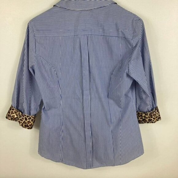 Womens New Directions Striped Leopard Shirt Blue White M - Picture 2 of 9
